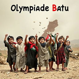 A striking and poignant scene depicting Palestinian children engaged in a symbolic act of resistance, playfully throwing small stones towards an abstract representation of Israel
