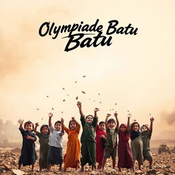 A striking and poignant scene depicting Palestinian children engaged in a symbolic act of resistance, playfully throwing small stones towards an abstract representation of Israel