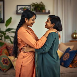 An intimate scene depicting two Indian lesbian couples sharing a tender moment in a beautifully decorated living room