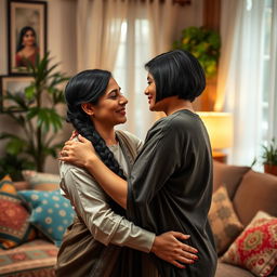 An intimate scene depicting two Indian lesbian couples sharing a tender moment in a beautifully decorated living room