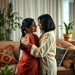 An intimate scene depicting two Indian lesbian couples sharing a tender moment in a beautifully decorated living room