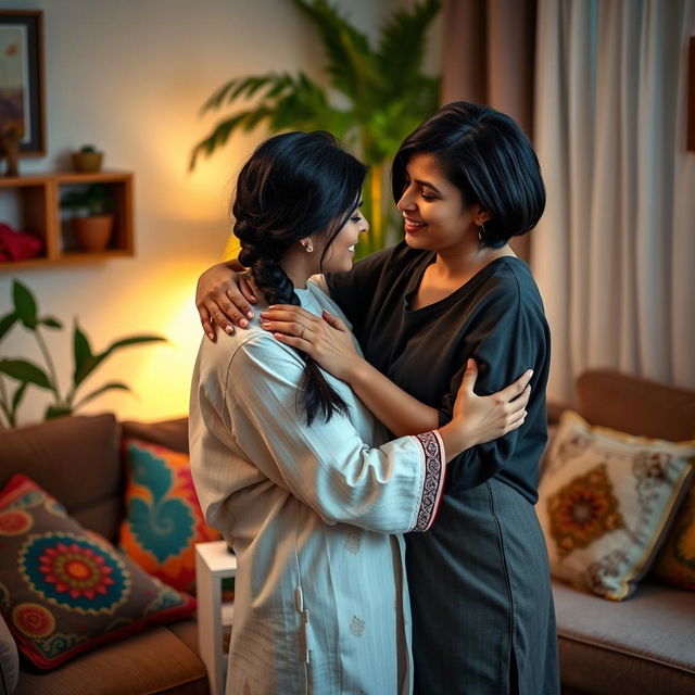 An intimate scene depicting two Indian lesbian couples sharing a tender moment in a beautifully decorated living room