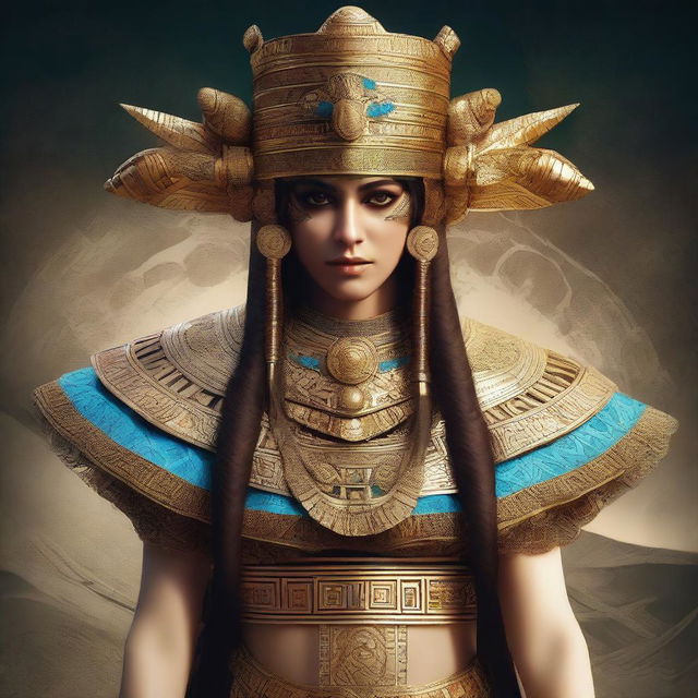 A high-resolution digital art piece depicting a woman dressed as Shamhat from the Epic of Gilgamesh for a cosplay event