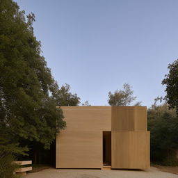 A unique house constructed predominantly from either plywood or hollow blocks, showcasing distinct textures and unconventional aesthetics.