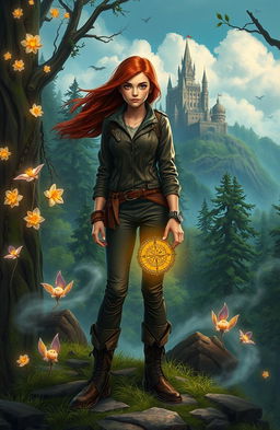 An enchanting scene depicting Natalia, an adventurous young woman with flowing chestnut hair and a determined expression, standing at the edge of a mystical forest