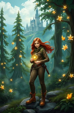 An enchanting scene depicting Natalia, an adventurous young woman with flowing chestnut hair and a determined expression, standing at the edge of a mystical forest
