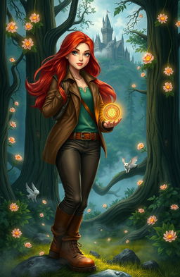 An enchanting scene depicting Natalia, an adventurous young woman with flowing chestnut hair and a determined expression, standing at the edge of a mystical forest