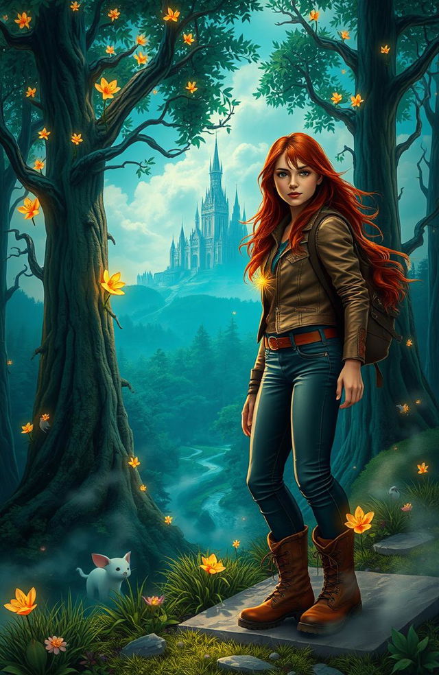 An enchanting scene depicting Natalia, an adventurous young woman with flowing chestnut hair and a determined expression, standing at the edge of a mystical forest