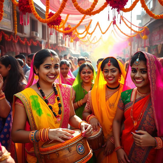 A vibrant Indian festival scene, filled with colorful traditional clothing, intricate patterns, and a joyous atmosphere