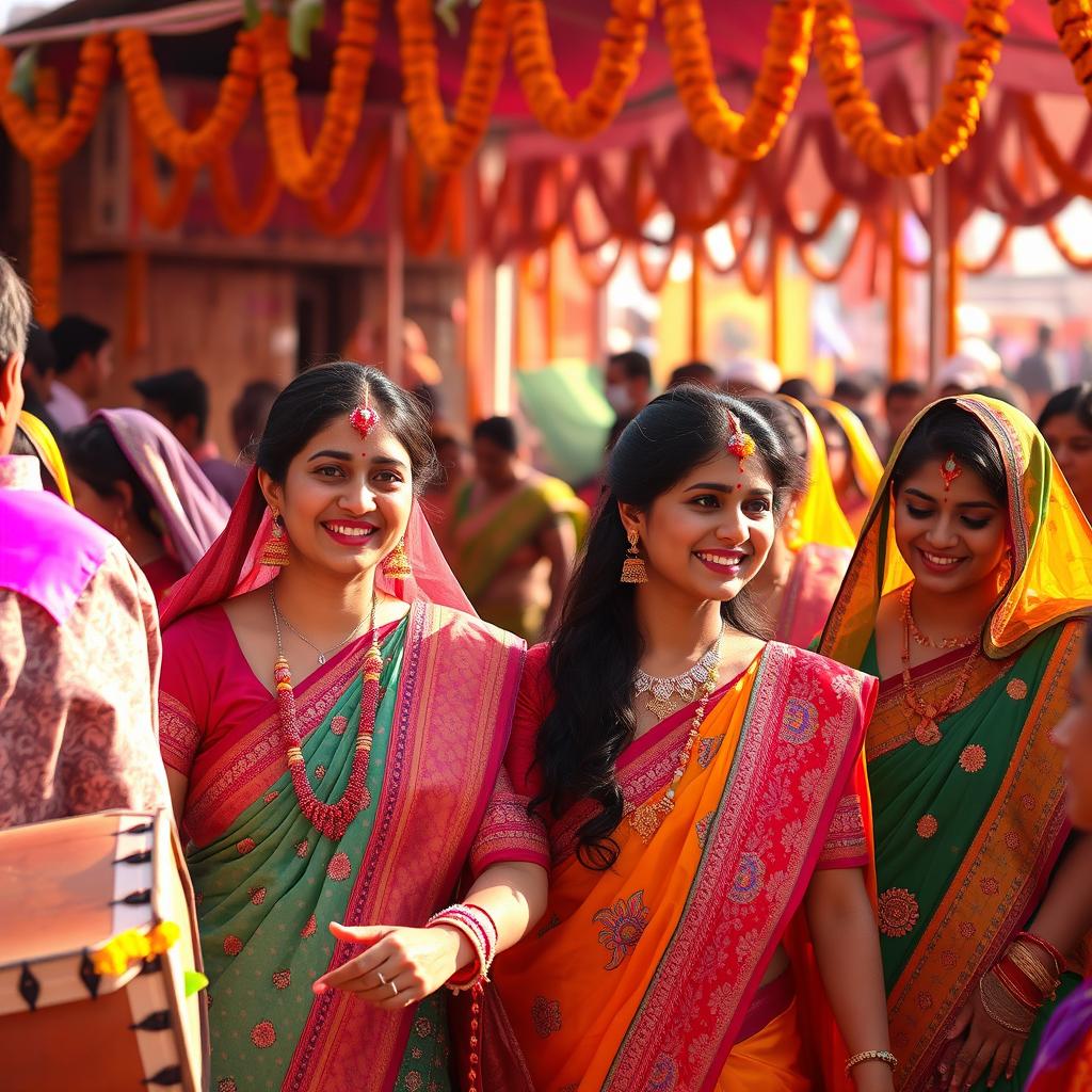 A vibrant Indian festival scene, filled with colorful traditional clothing, intricate patterns, and a joyous atmosphere