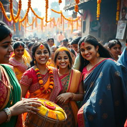 A vibrant Indian festival scene, filled with colorful traditional clothing, intricate patterns, and a joyous atmosphere