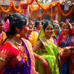 A vibrant Indian festival scene, filled with colorful traditional clothing, intricate patterns, and a joyous atmosphere
