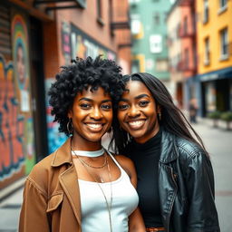 A stylish portrait of a confident black lesbian couple, standing closely together, showcasing their love and connection