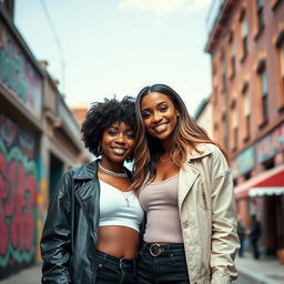 A stylish portrait of a confident black lesbian couple, standing closely together, showcasing their love and connection