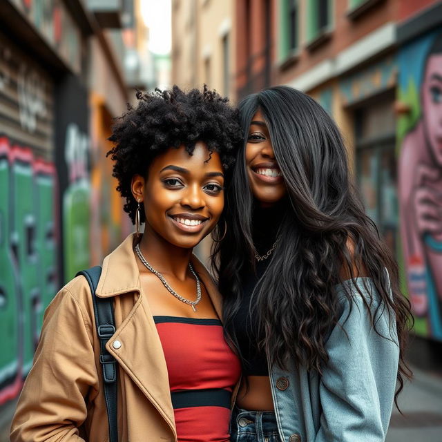 A stylish portrait of a confident black lesbian couple, standing closely together, showcasing their love and connection