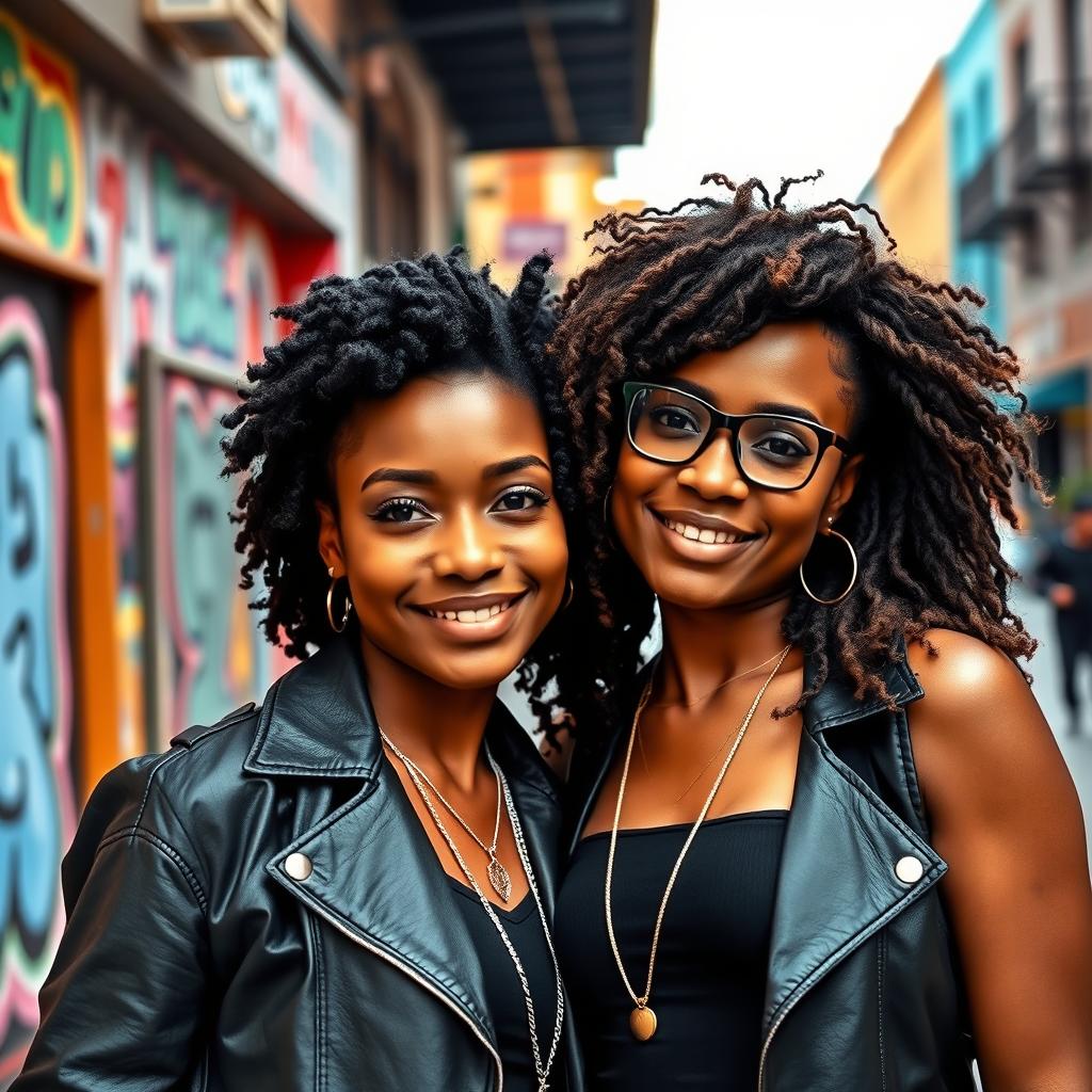 A stylish portrait of a confident black lesbian couple, standing closely together, showcasing their love and connection