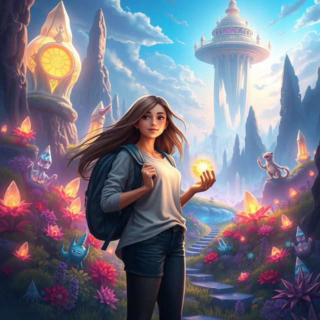 An enchanting scene featuring Natalia, a university student with long, flowing hair and a curious expression, standing at the threshold of Luminara, a vibrant new world