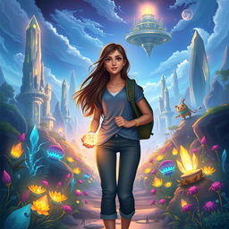 An enchanting scene featuring Natalia, a university student with long, flowing hair and a curious expression, standing at the threshold of Luminara, a vibrant new world