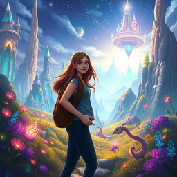 An enchanting scene featuring Natalia, a university student with long, flowing hair and a curious expression, standing at the threshold of Luminara, a vibrant new world