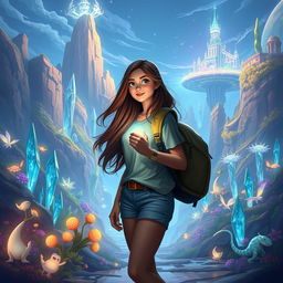 An enchanting scene featuring Natalia, a university student with long, flowing hair and a curious expression, standing at the threshold of Luminara, a vibrant new world