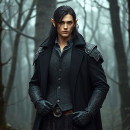 A tall, lean male elf named Lotor stands confidently, showcasing his fair skin and medium-length dark hair flowing just past his shoulders
