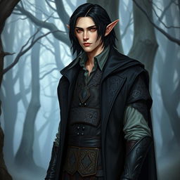 A tall, lean male elf named Lotor stands confidently, showcasing his fair skin and medium-length dark hair flowing just past his shoulders