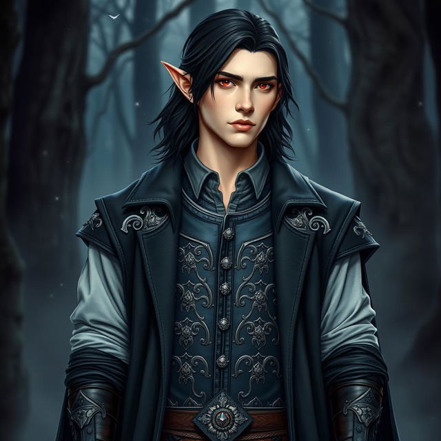 A tall, lean male elf named Lotor stands confidently, showcasing his fair skin and medium-length dark hair flowing just past his shoulders