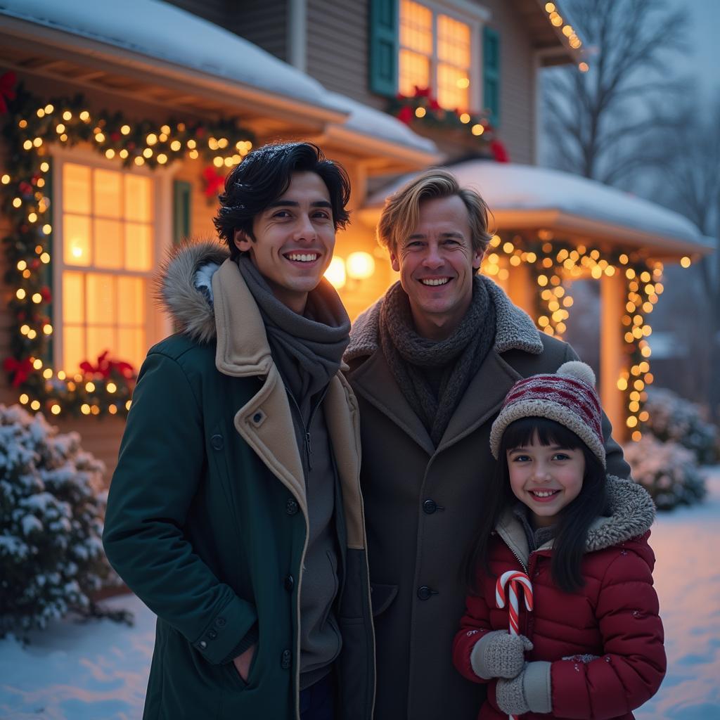 A realistic portrayal of two men standing outside a beautifully decorated house for Christmas, adorned with colorful lights and festive ornaments