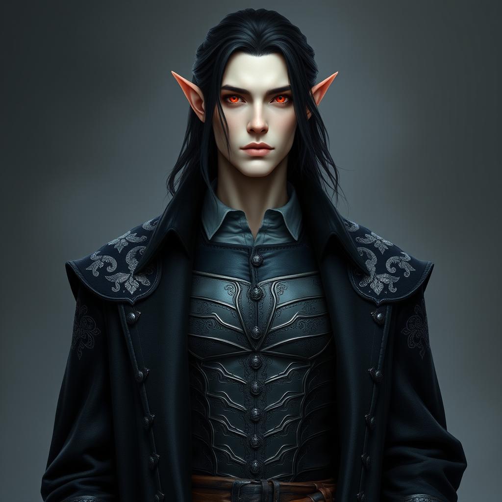 A tall, lean elf named Lotor with pale, almost ethereal skin and medium-length dark hair flowing just past his shoulders
