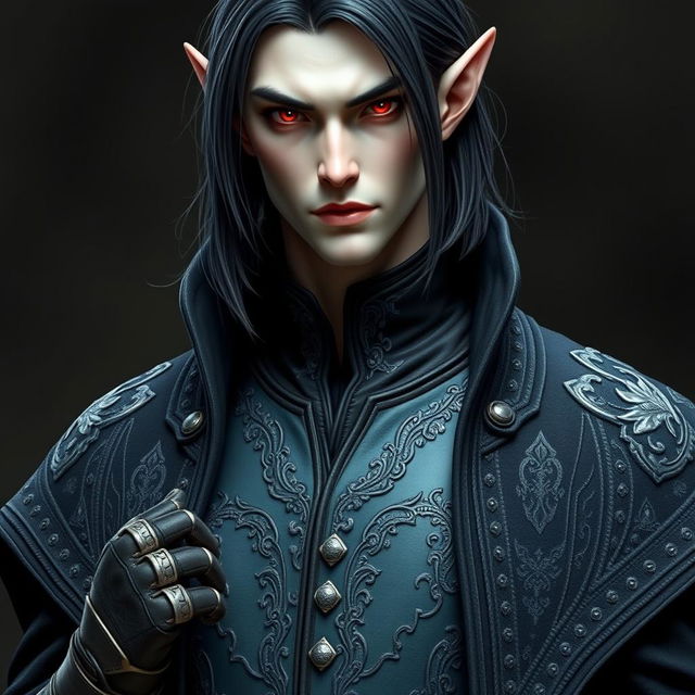 A tall, lean elf named Lotor with pale, almost ethereal skin and medium-length dark hair flowing just past his shoulders