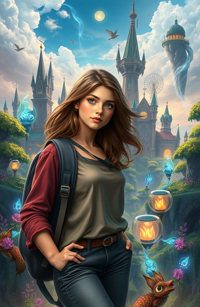 A stunning fantasy landscape featuring Natalia, a young university student who has been transported to the enchanting world of Luminara