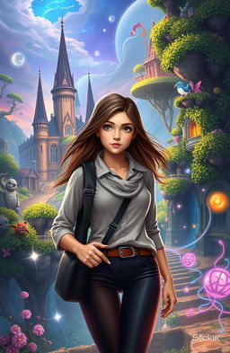 A stunning fantasy landscape featuring Natalia, a young university student who has been transported to the enchanting world of Luminara