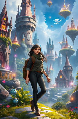 A stunning fantasy landscape featuring Natalia, a young university student who has been transported to the enchanting world of Luminara