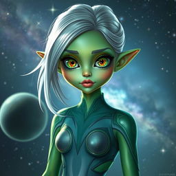 A stunningly attractive alien girl with shimmering green skin and large expressive eyes, wearing a form-fitting futuristic outfit adorned with cosmic patterns