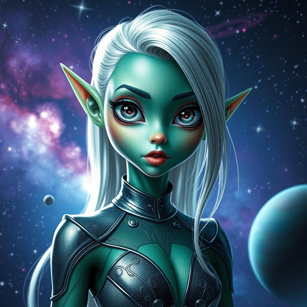 A stunningly attractive alien girl with shimmering green skin and large expressive eyes, wearing a form-fitting futuristic outfit adorned with cosmic patterns