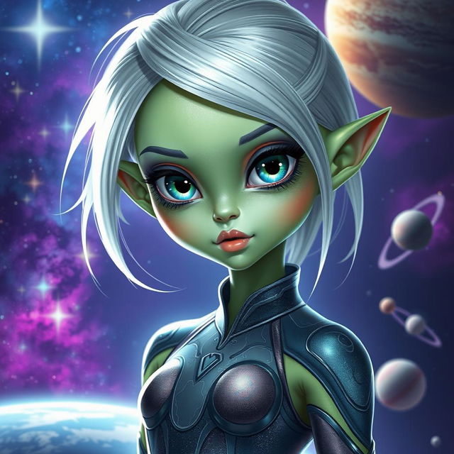 A stunningly attractive alien girl with shimmering green skin and large expressive eyes, wearing a form-fitting futuristic outfit adorned with cosmic patterns