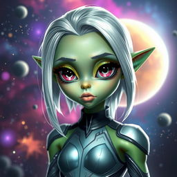 A stunningly attractive alien girl with shimmering green skin and large expressive eyes, wearing a form-fitting futuristic outfit adorned with cosmic patterns