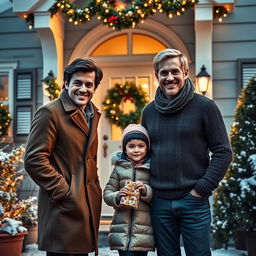 A realistic scene featuring two men standing outside a charming house festively decorated for Christmas, with sparkling lights and wreaths on the door