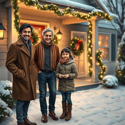 A realistic scene featuring two men standing outside a charming house festively decorated for Christmas, with sparkling lights and wreaths on the door