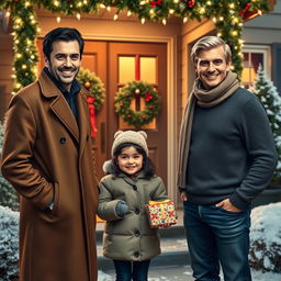A realistic scene featuring two men standing outside a charming house festively decorated for Christmas, with sparkling lights and wreaths on the door