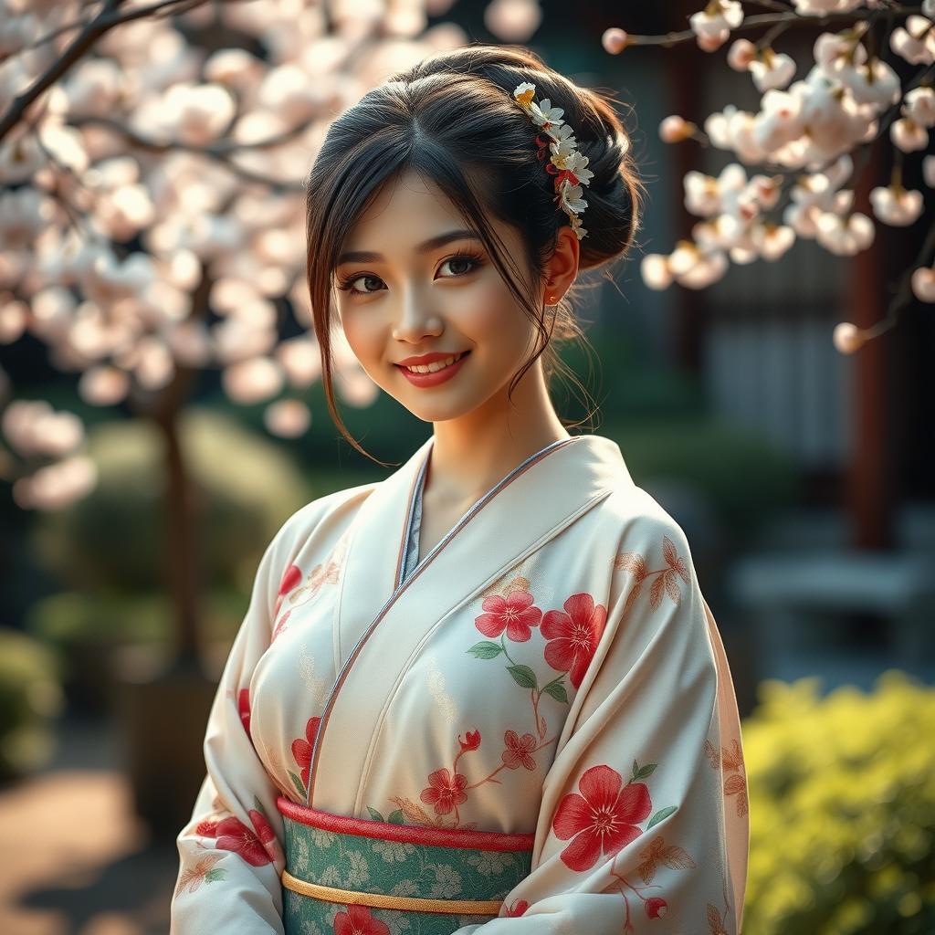 An alluring Japanese girl dressed in a beautifully designed traditional kimono with intricate floral patterns, elegantly showcasing her delicate shoulders and graceful neckline