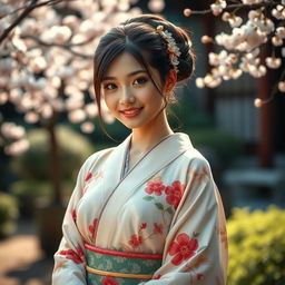 An alluring Japanese girl dressed in a beautifully designed traditional kimono with intricate floral patterns, elegantly showcasing her delicate shoulders and graceful neckline