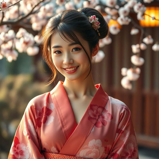 An alluring Japanese girl dressed in a beautifully designed traditional kimono with intricate floral patterns, elegantly showcasing her delicate shoulders and graceful neckline