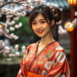 An alluring Japanese girl dressed in a beautifully designed traditional kimono with intricate floral patterns, elegantly showcasing her delicate shoulders and graceful neckline