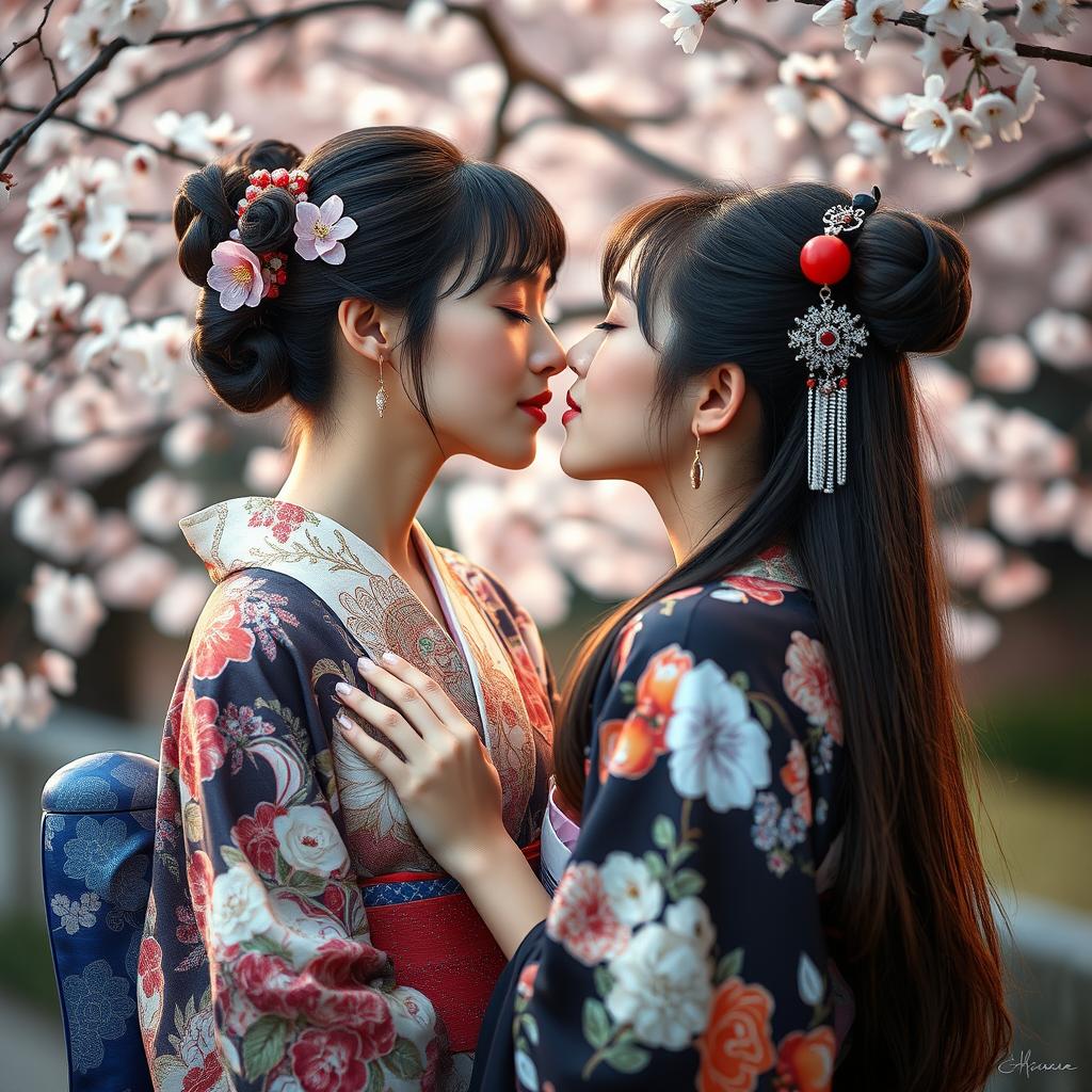 Two alluring Japanese girls dressed in beautifully designed traditional kimonos with intricate floral patterns, elegantly showcasing their delicate shoulders and graceful necklines