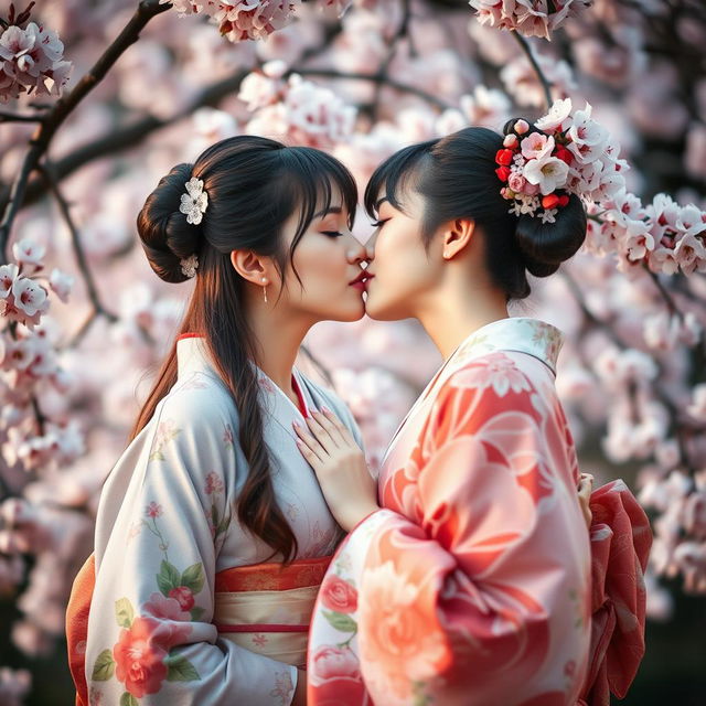 Two alluring Japanese girls dressed in beautifully designed traditional kimonos with intricate floral patterns, elegantly showcasing their delicate shoulders and graceful necklines