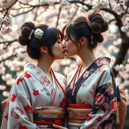 Two alluring Japanese girls dressed in beautifully designed traditional kimonos with intricate floral patterns, elegantly showcasing their delicate shoulders and graceful necklines