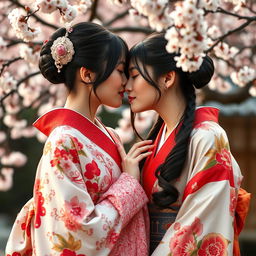 Two alluring Japanese girls dressed in beautifully designed traditional kimonos with intricate floral patterns, elegantly showcasing their delicate shoulders and graceful necklines