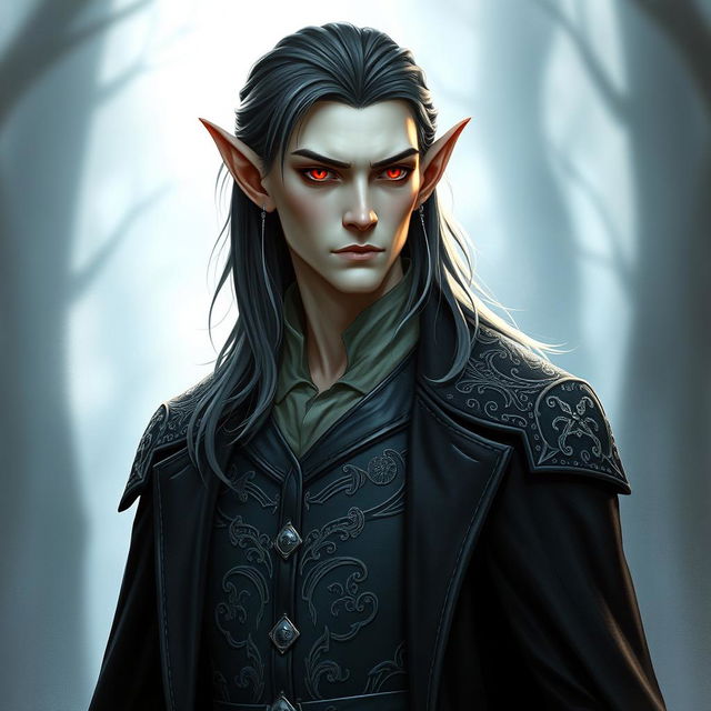 A tall, lean elf named Lotor, with pale, ethereal skin and medium-length dark hair flowing just past his shoulders