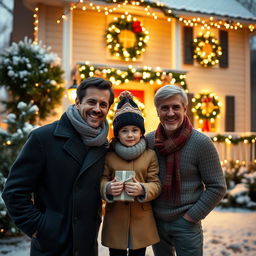 A lifelike scene depicting two men outside a beautifully decorated house for Christmas, adorned with twinkling lights and holiday wreaths